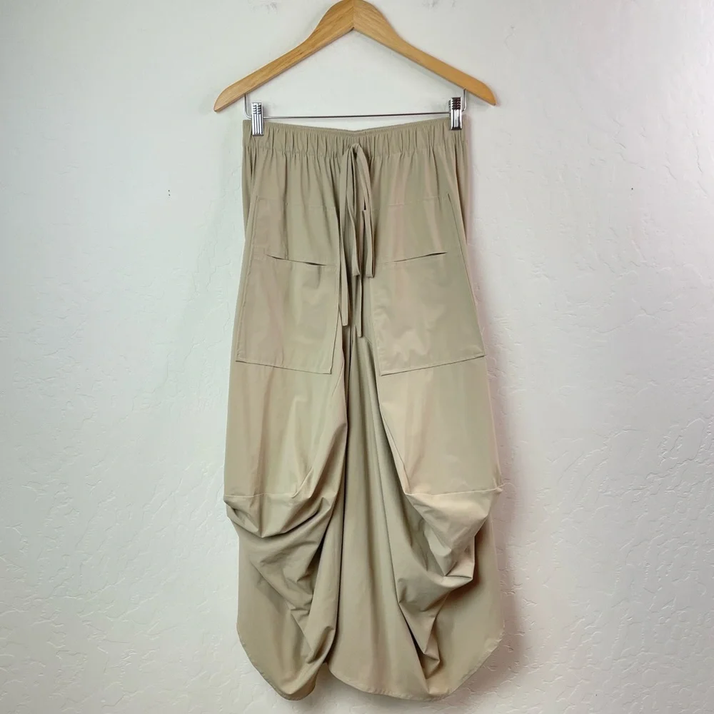 Ruti The Go-To Nylon Blend Tan Khaki Size XS / S Draped Lagenlook Midi Skirt - Picture 2 of 16